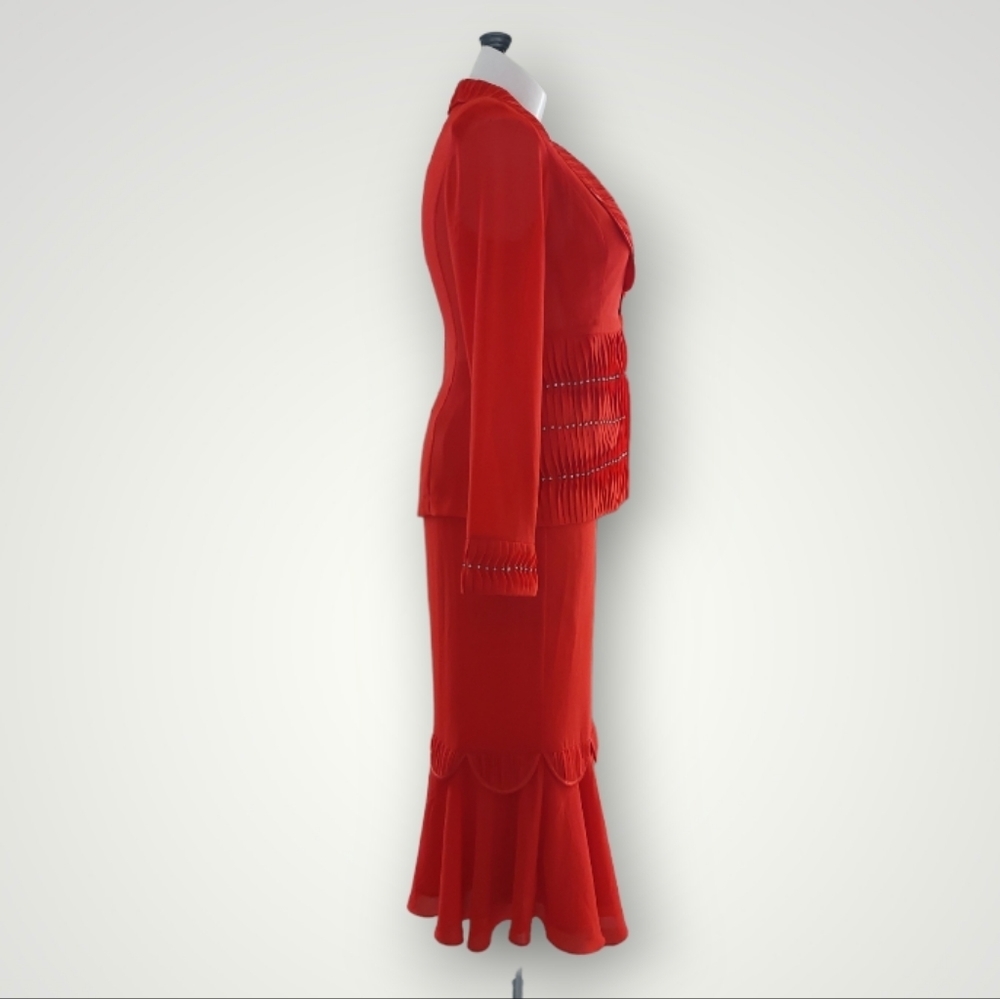 Tally Taylor Red 3 Piece Skirt Suit Embellished Jacket & Flair Skirt Detail Sz 8 - Picture 7 of 12